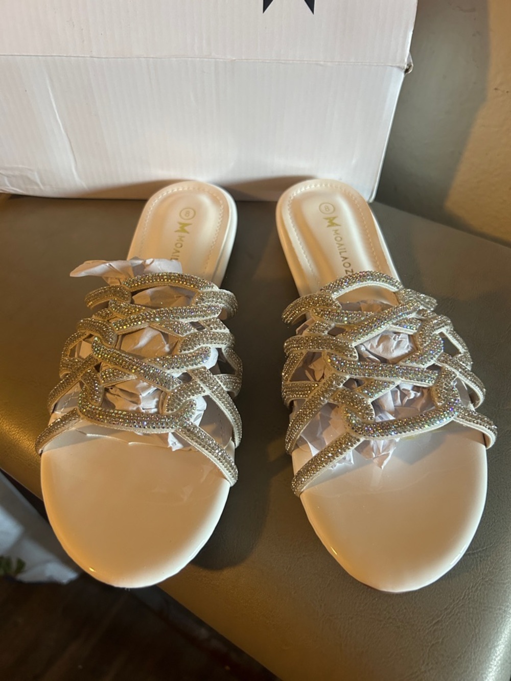 Metallic Chain-Link Embellished Slide Sandals - White